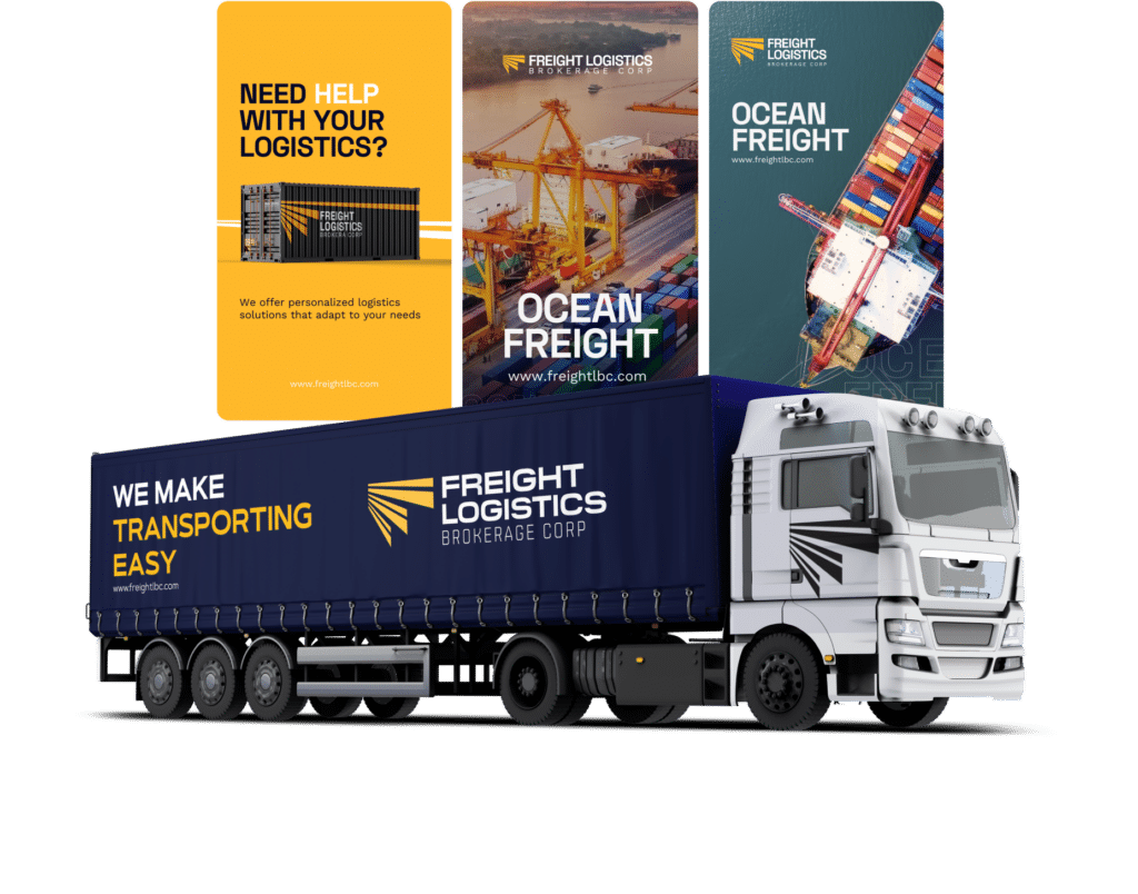 Identidad de Freight Logistics aplicada en camión y piezas gráficas