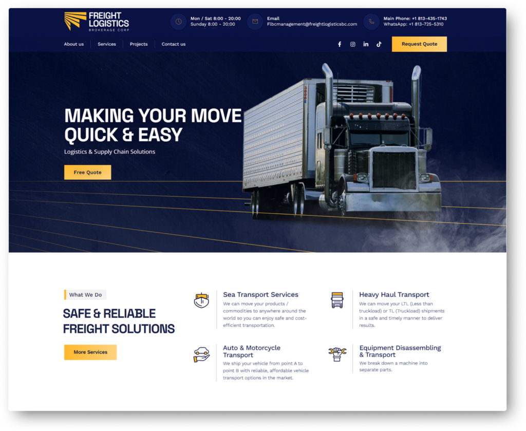 Página de inicio de la web de Freight Logistics diseñada por Macsen