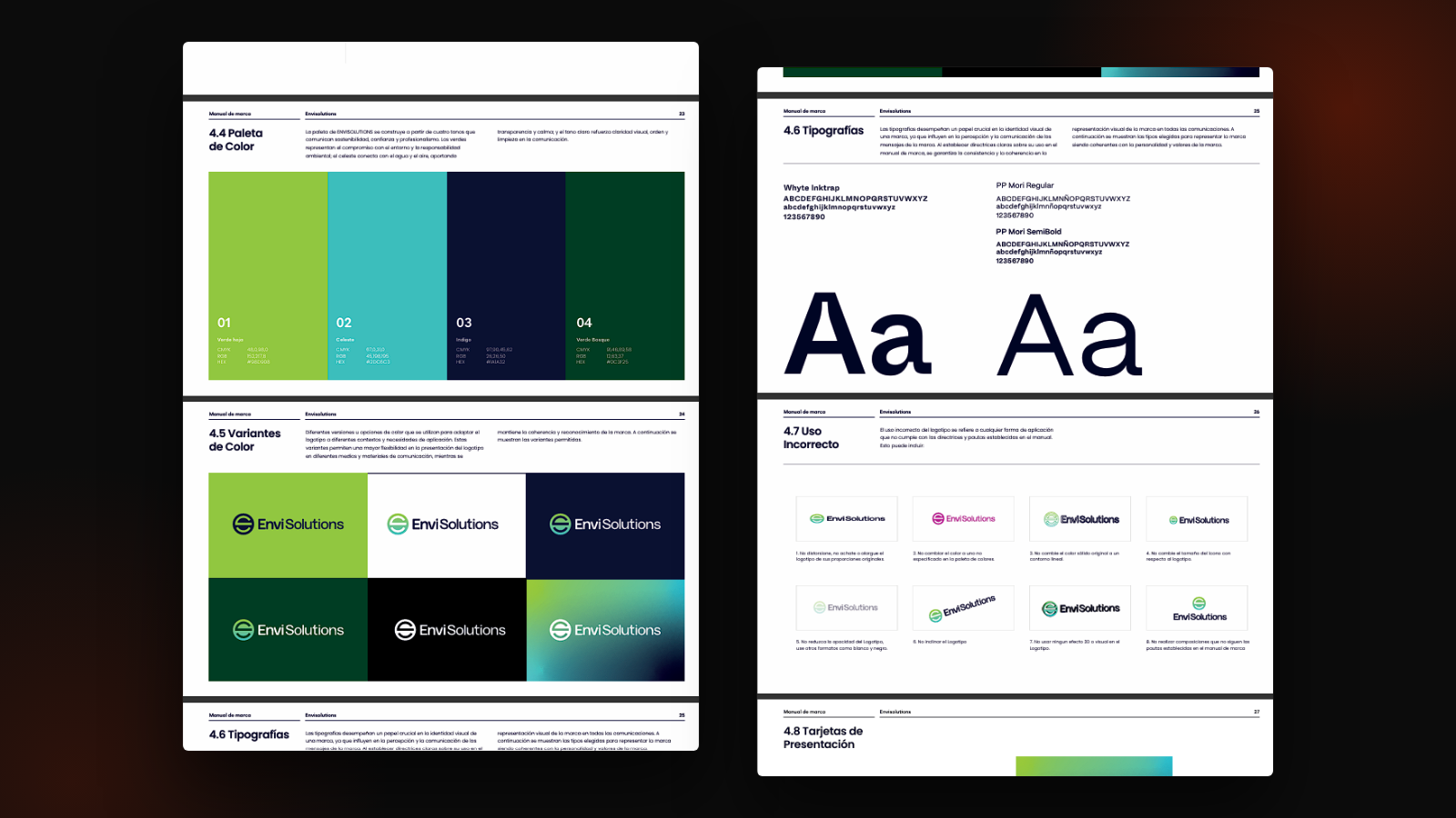 Páginas de un manual de marca: paleta de color, variantes del logo, tipografías y usos incorrectos del logotipo de EnviSolutions