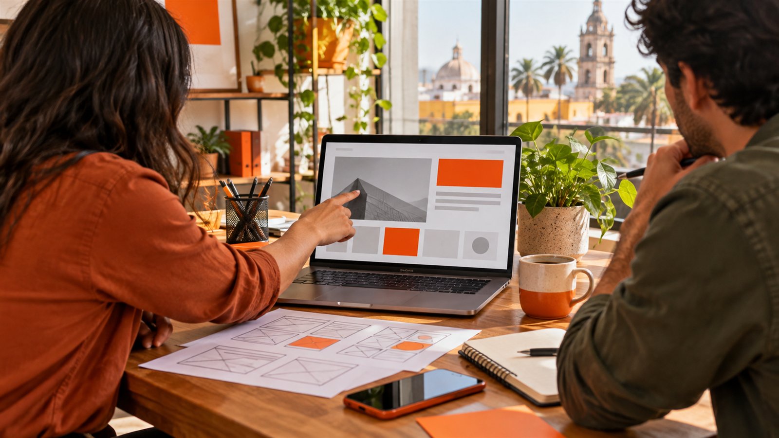 Reunión entre una agencia de diseño web y una dueña de negocio revisando el diseño de una página