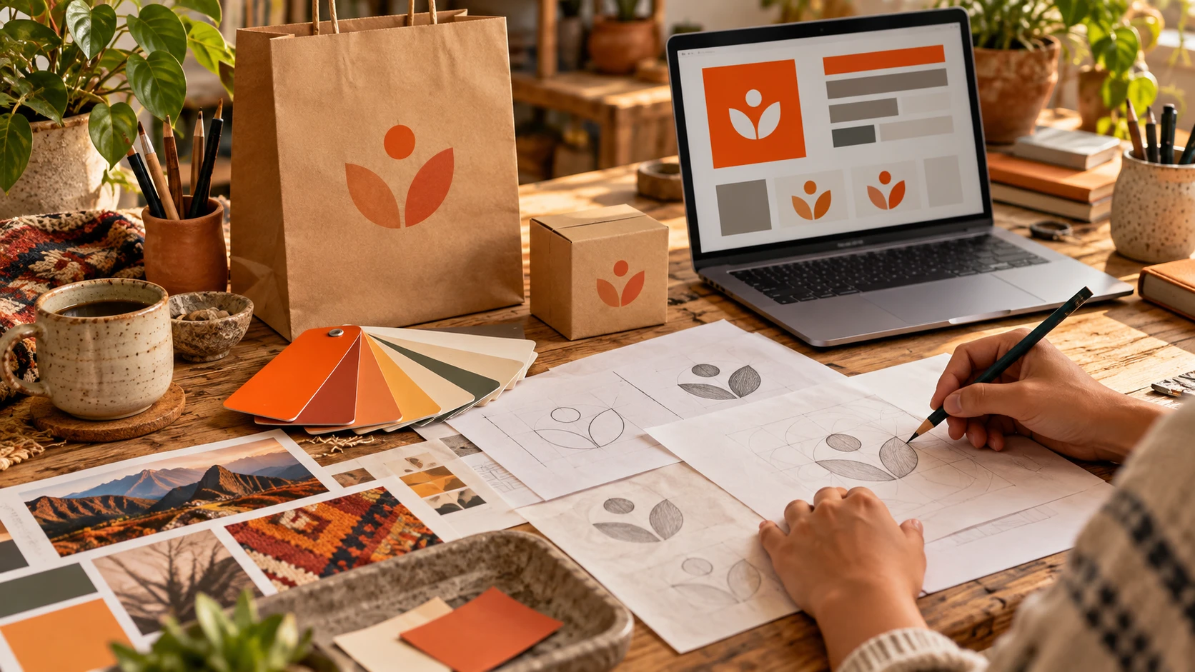 como crear una marca identidad mesa de trabajo Mesa de trabajo con bocetos de logo, paleta de colores y empaques para crear la identidad de una marca