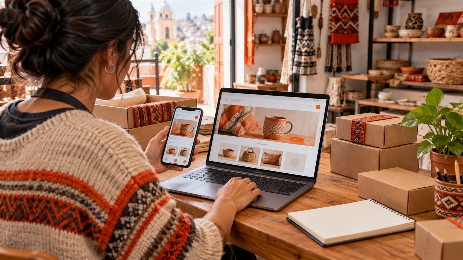 pagina web para pymes peru imagen Dueña de una pyme en Lima revisando la página web de su negocio en laptop y celular