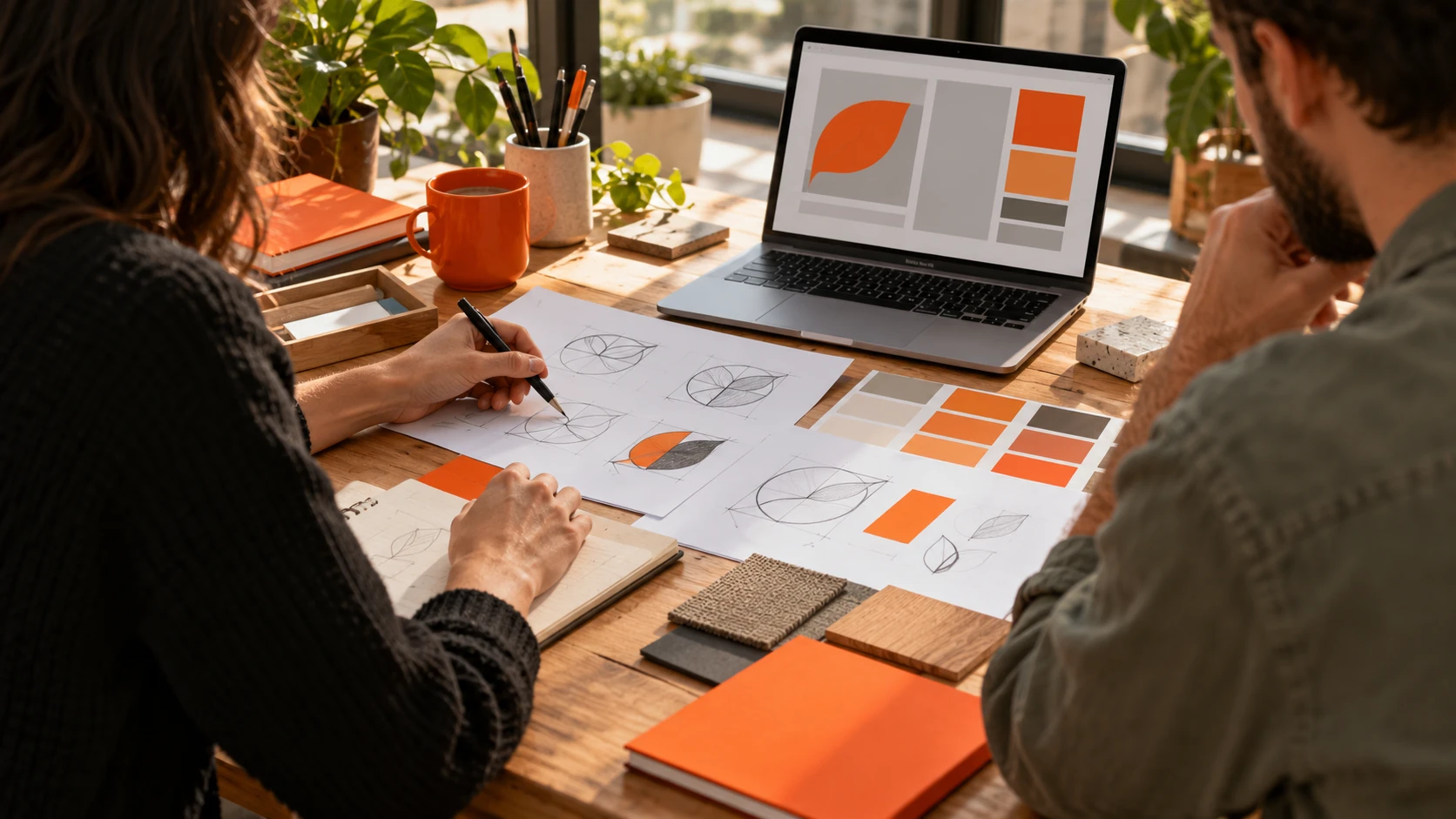 Reunión entre una diseñadora y la dueña de un negocio revisando bocetos de logo y paleta de colores