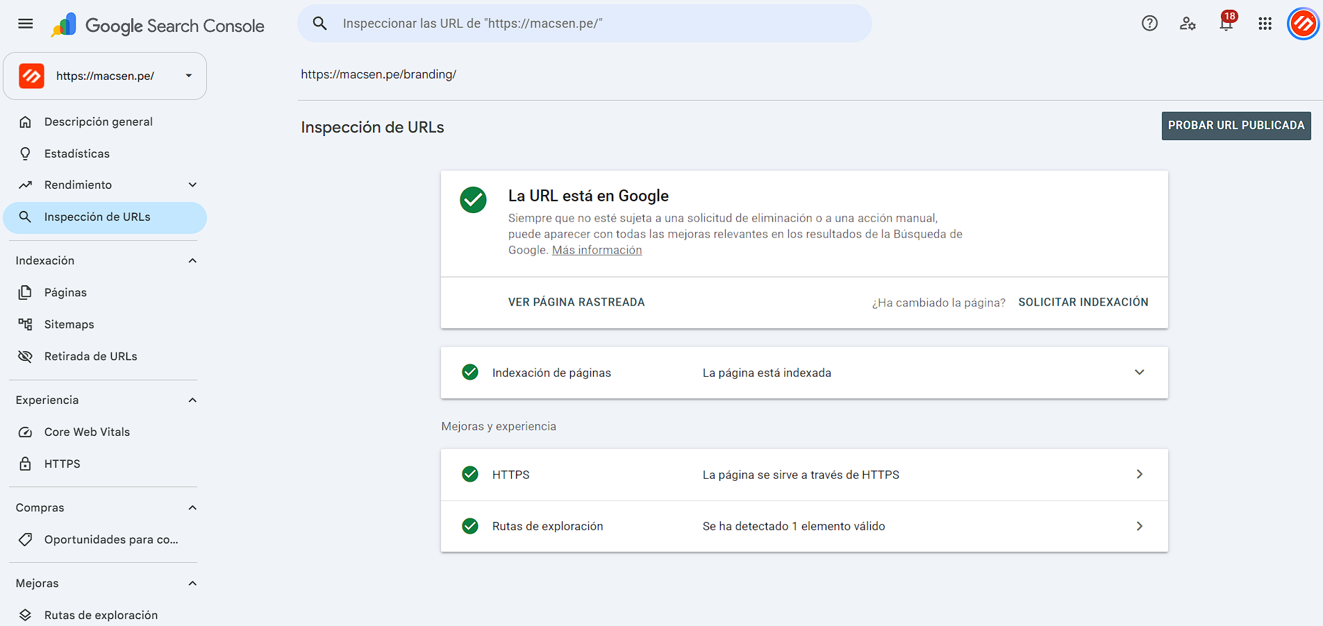 Inspección de URLs en Google Search Console: la URL está en Google y la página está indexada