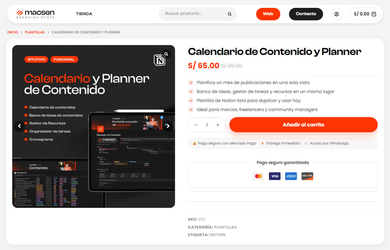 Ficha de producto de una tienda virtual en WooCommerce con precio, carrito y pago con Mercado Pago